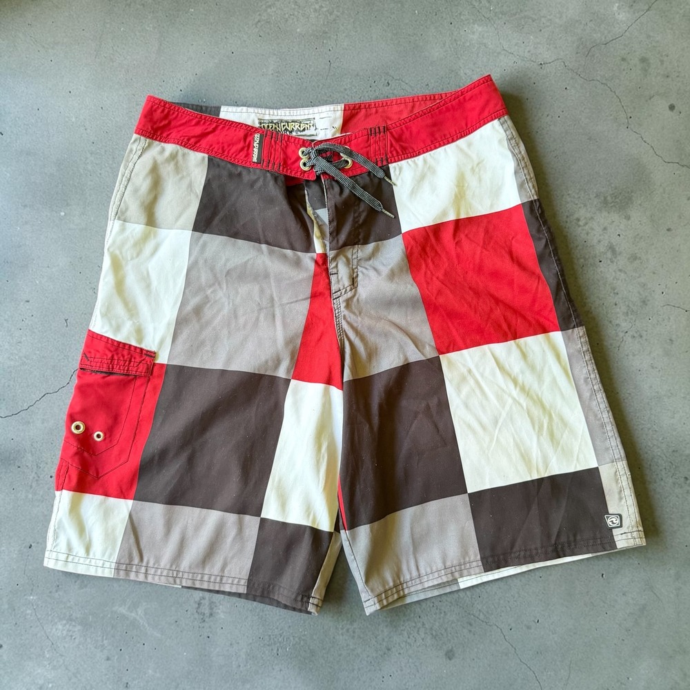 RipCurrent Mens Board Shorts Size 34 Red Grey Checkered Cargo Swim Trunks